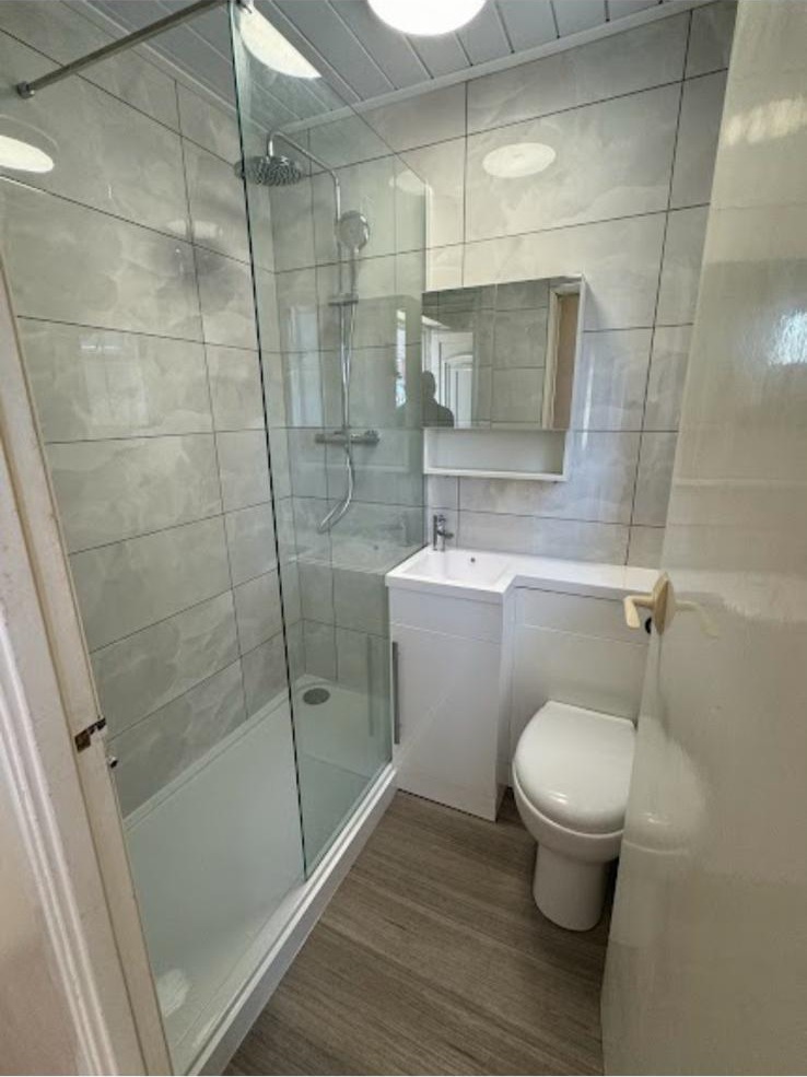 Small en-suite with corner shower enclosure, slim vanity unit and toilet